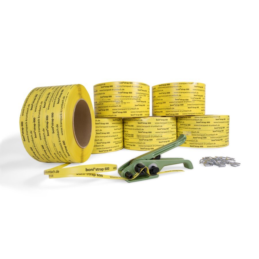 Mit einem passenden Umreifungswerkzeug lsst sich das bonistrap 600 einfach verarbeiten