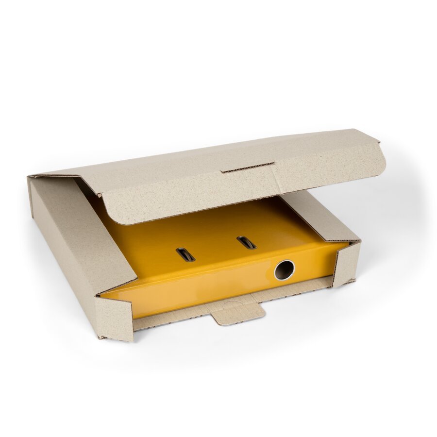 Ordnerverpackung mit Steckverschluss aus Graspapier Ordnerverpackung mit Steckverschluss aus Graspapier
