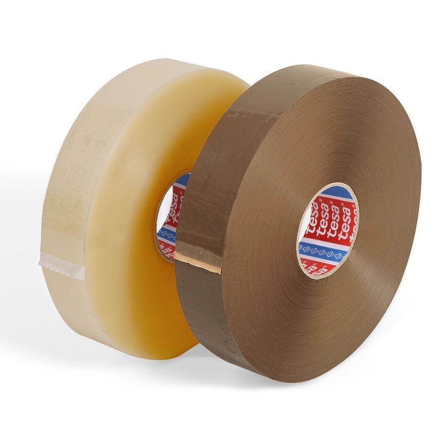 Grorollen Maschinenklebeband transparent und braun nebeneinander