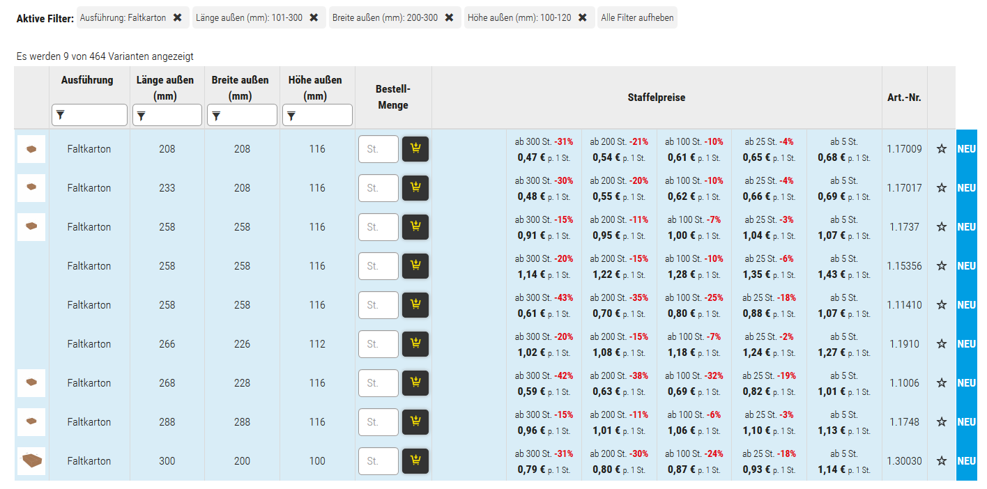Varianten für Maxibrief Plus mit Filterung "Faltkarton" und Maßen